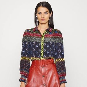 Alice + Olivia Willa Blouson Sleeve Silk Top Blue Red Paisley Floral Blouse